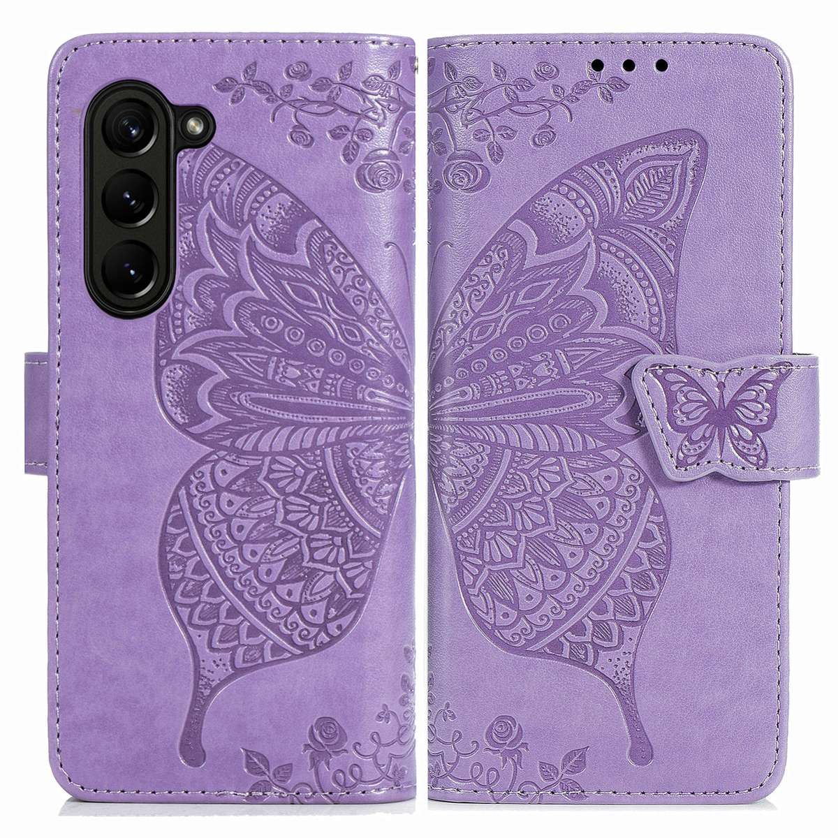 For Samsung Galaxy Z Fold5 Butterfly Love Flower Embossed Leather Phone Case(Light Purple)