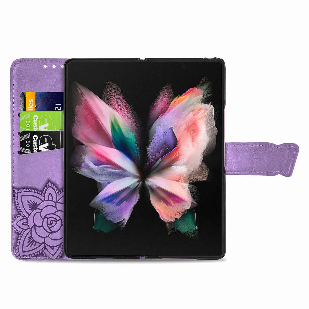 For Samsung Galaxy Z Fold5 Butterfly Love Flower Embossed Leather Phone Case(Light Purple)