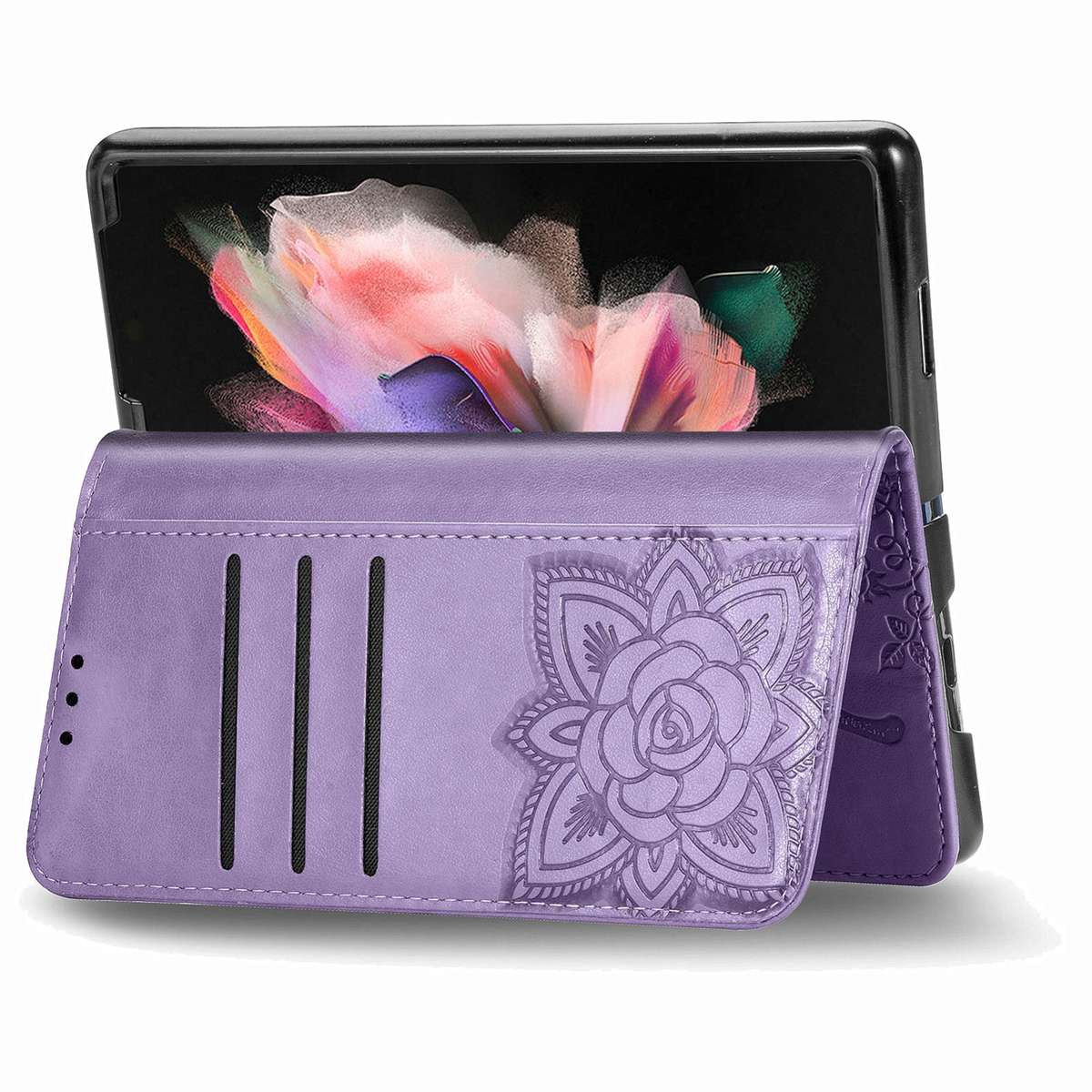 For Samsung Galaxy Z Fold5 Butterfly Love Flower Embossed Leather Phone Case(Light Purple)
