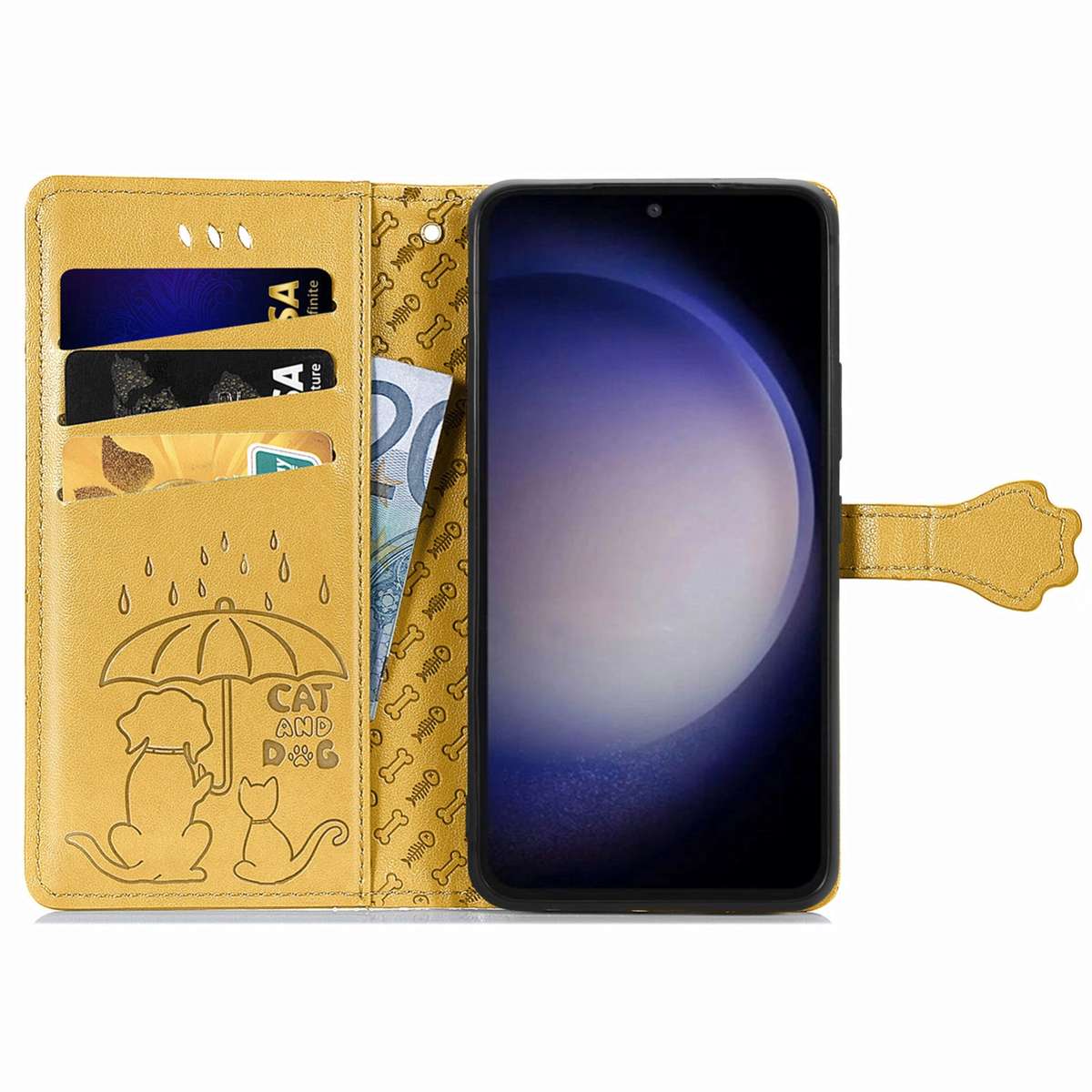 For Samsung Galaxy S23 FE 5G Cat and Dog Embossed Leather Phone Case(Yellow)