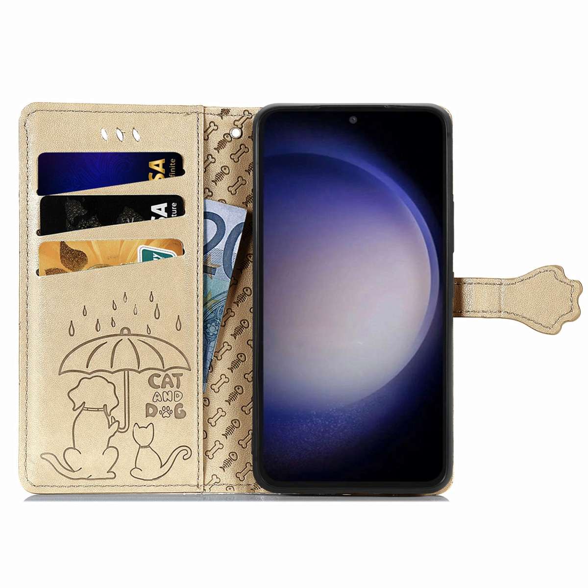 For Samsung Galaxy S23 FE 5G Cat and Dog Embossed Leather Phone Case(Gold)