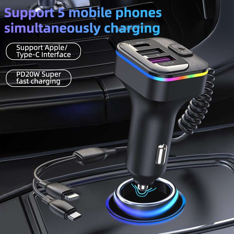 K12 With Type-C / 8-Pin Charging Cable Phone Fast Charging Adapter 2 USB + 1 Type-C PD Car Charger