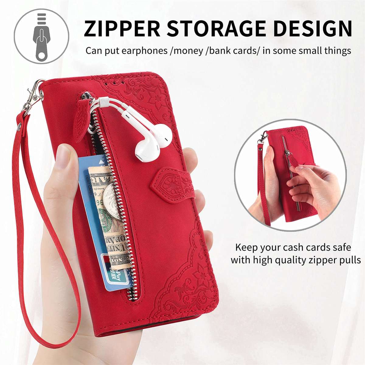For Xiaomi 14 Ultra Embossed Flower Zipper Leather Phone Case(Red)