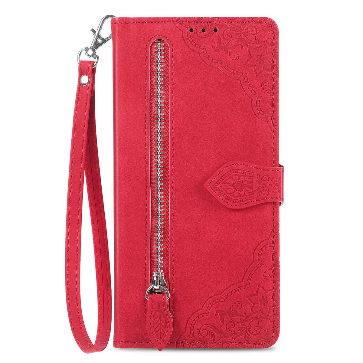 For Realme 12 Embossed Flower Zipper Leather Phone Case(Red)