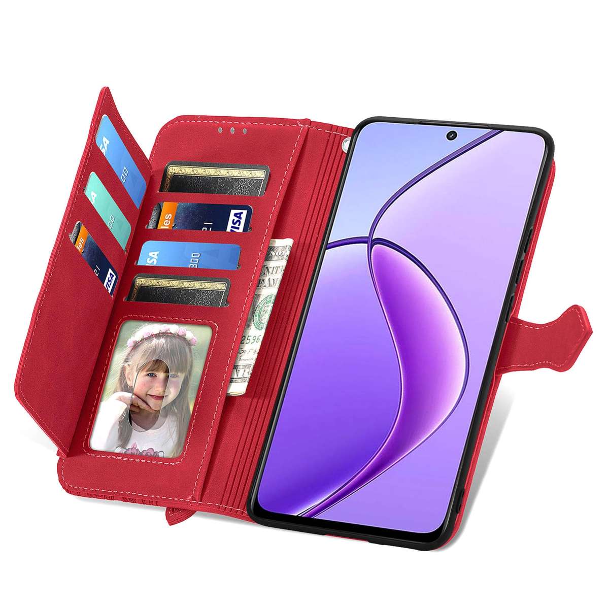 For Realme 12 Embossed Flower Zipper Leather Phone Case(Red)