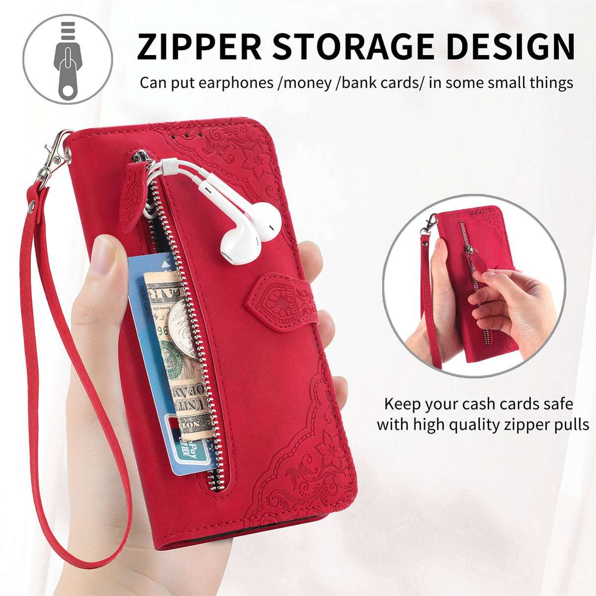 For Realme 12 Embossed Flower Zipper Leather Phone Case(Red)