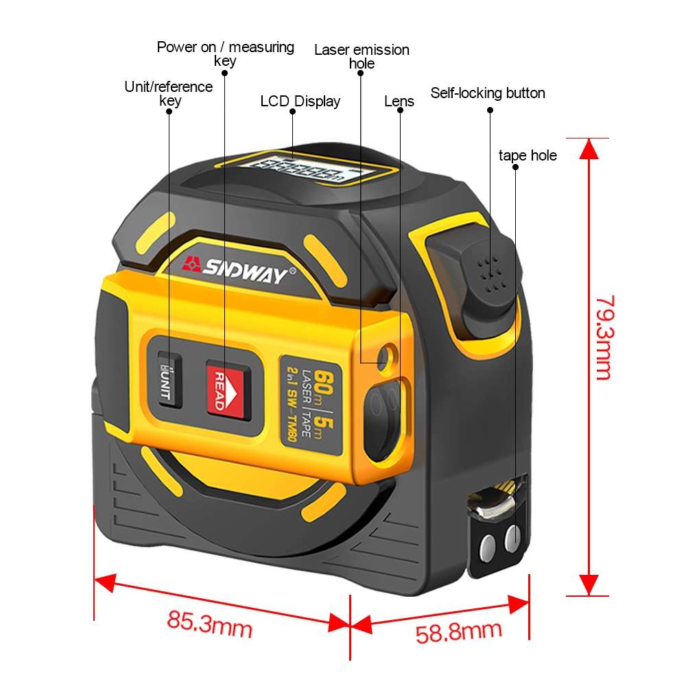SNDWAY SW-TM40 40m Digital Range Finder Laser Distance Meter Tape Multi-function Self-Locking Hand T