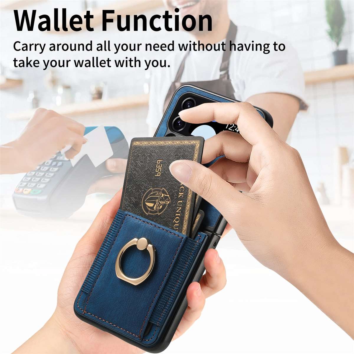 For Samsung Galaxy Z Flip4 Retro Skin-feel Ring Card Bag Phone Case(Blue)