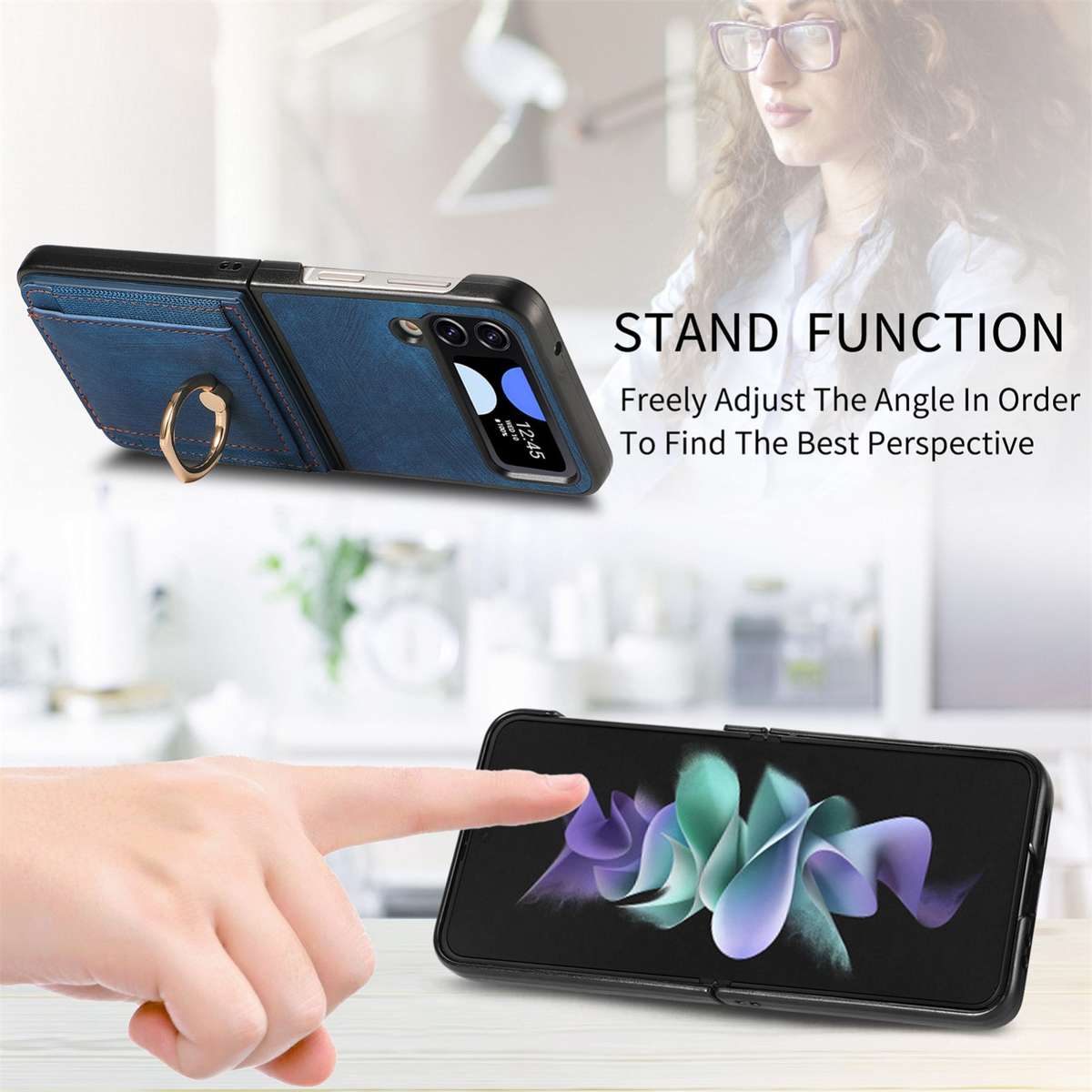 For Samsung Galaxy Z Flip4 Retro Skin-feel Ring Card Bag Phone Case(Blue)