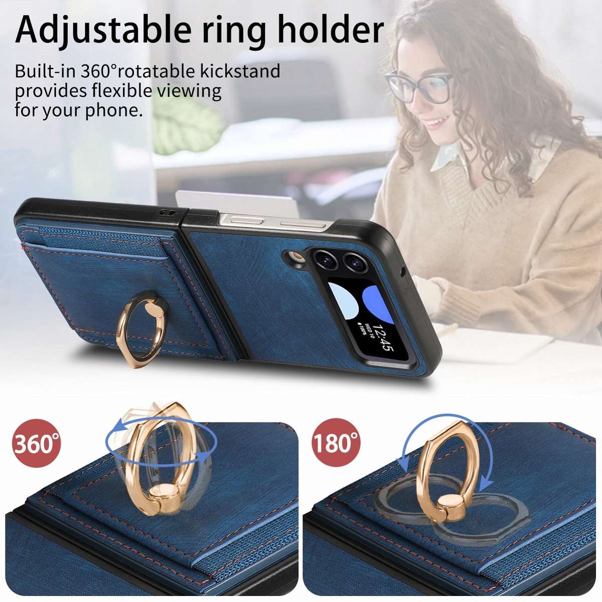 For Samsung Galaxy Z Flip4 Retro Skin-feel Ring Card Bag Phone Case(Blue)