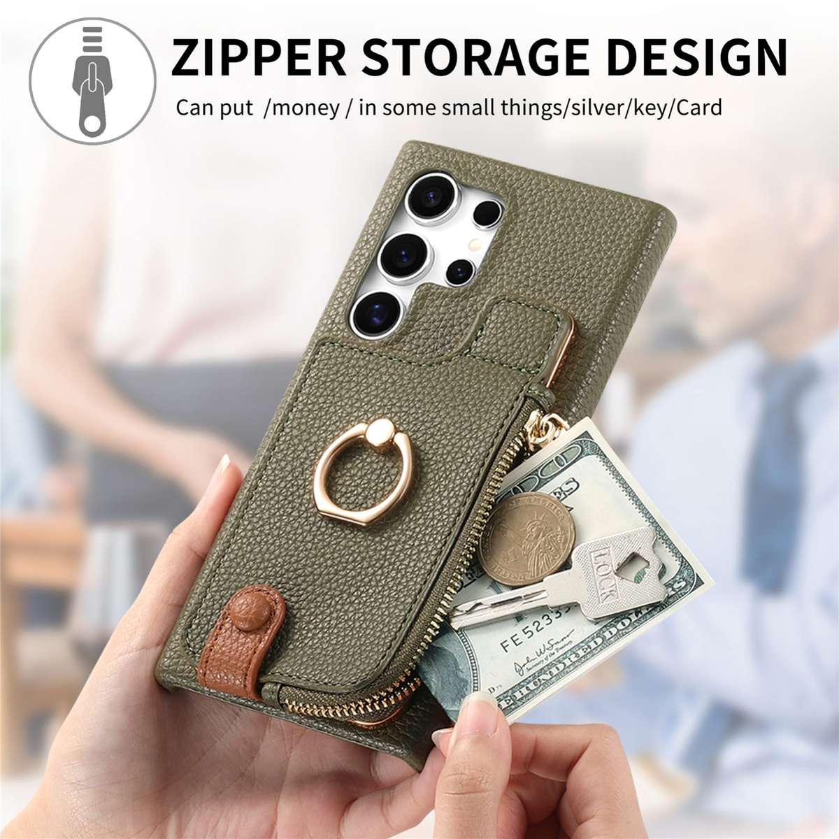 For Samsung Galaxy S24 Ultra 5G Litchi Leather Oil Edge Ring Zipper Wallet Back Phone Case(Gree