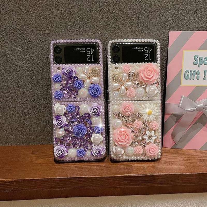 For Samsung Galaxy Z Flip4 Rose Hand-set Diamond PC Phone Case(Purple)