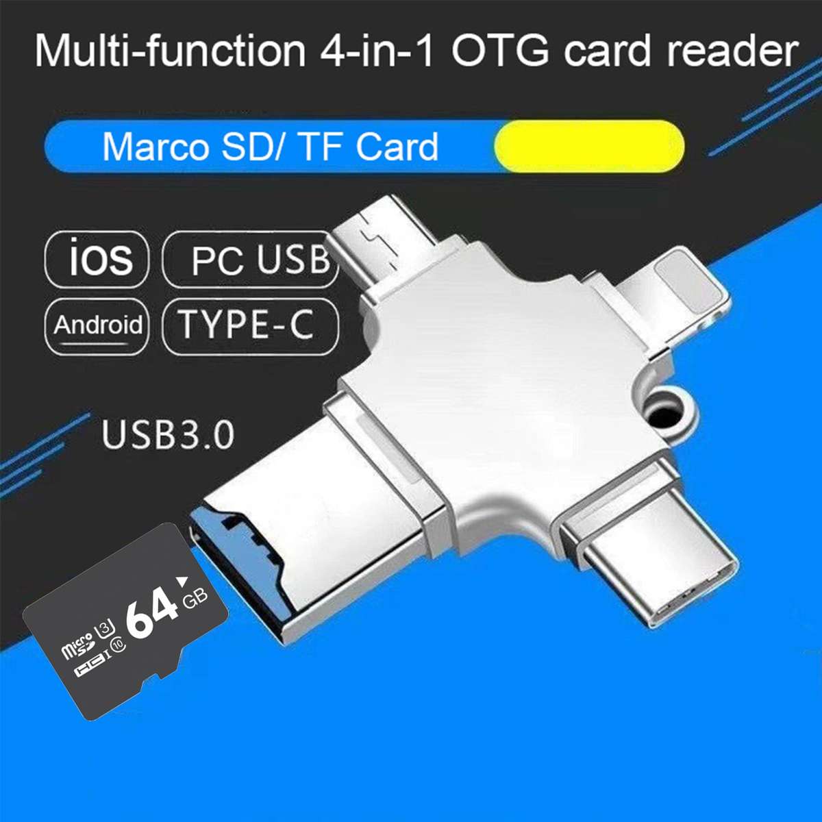4 in 1 USB-C / Type-C USB 2.0 + Micro USB + 8 Pin Adapter TF Card Reader, Memory Card:32GB(Sliver)