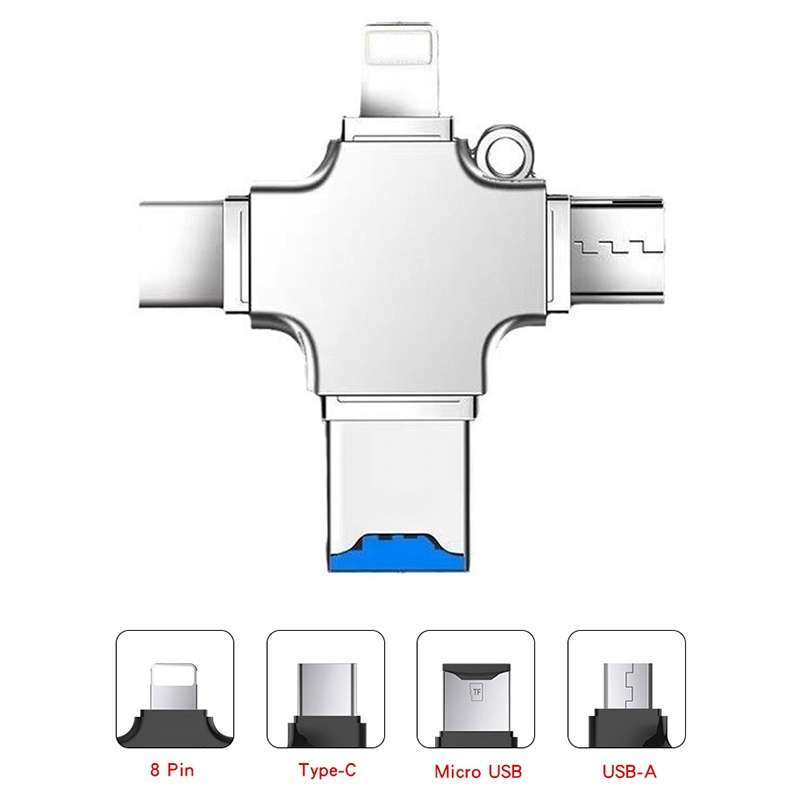 4 in 1 USB-C / Type-C USB 2.0 + Micro USB + 8 Pin Adapter TF Card Reader, Memory Card:32GB(Sliver)
