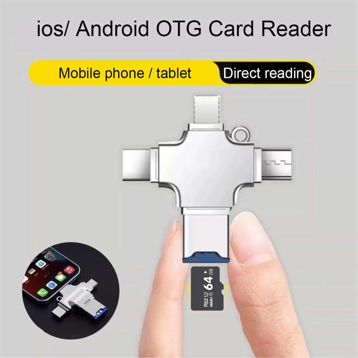 4 in 1 USB-C / Type-C USB 2.0 + Micro USB + 8 Pin Adapter TF Card Reader, Memory Card:32GB(Sliver)