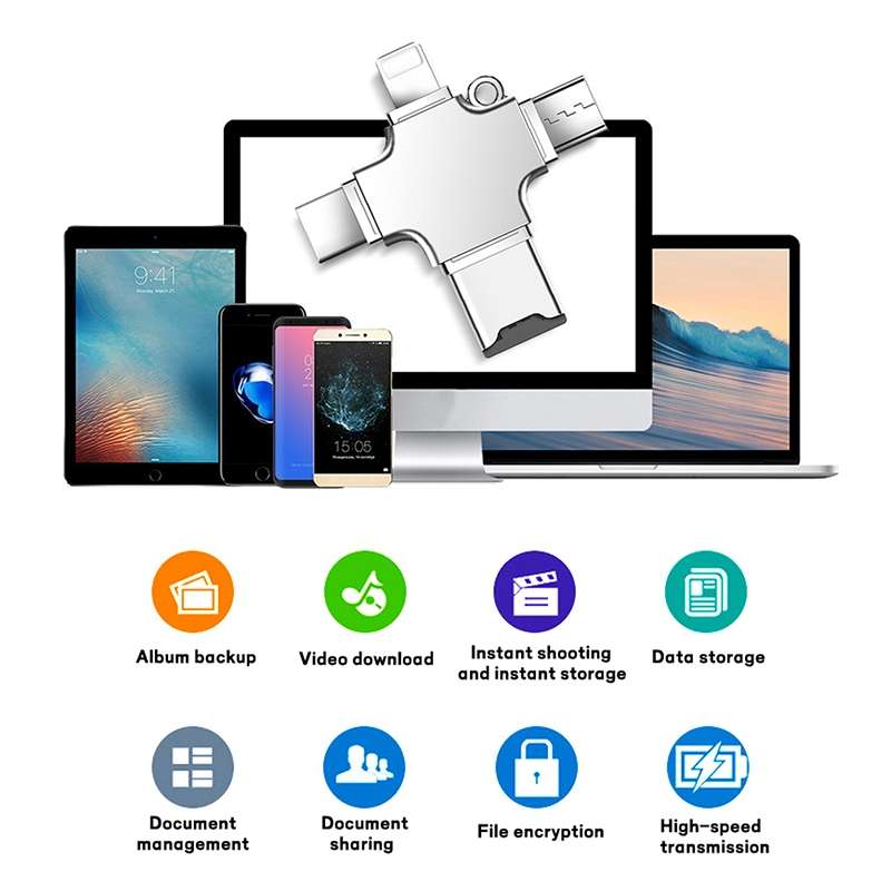 4 in 1 USB-C / Type-C USB 2.0 + Micro USB + 8 Pin Adapter TF Card Reader, Memory Card:32GB(Sliver)