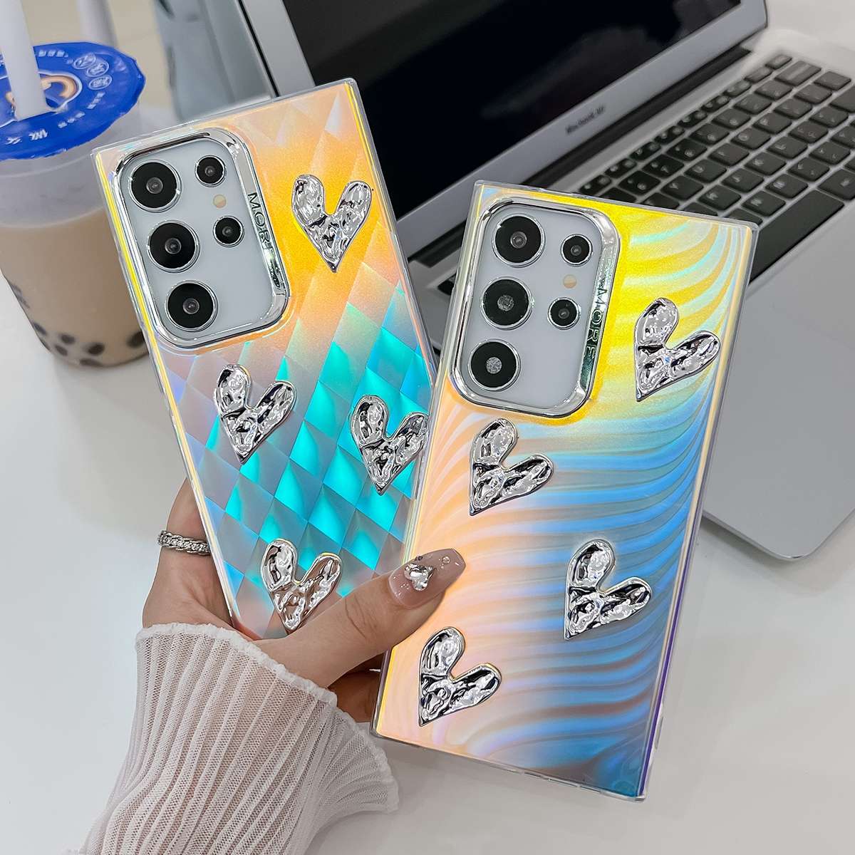 For Samsung Galaxy A55 5G Electroplating 4-Heart Laser Texture TPU Phone Case(Feather Yarn)