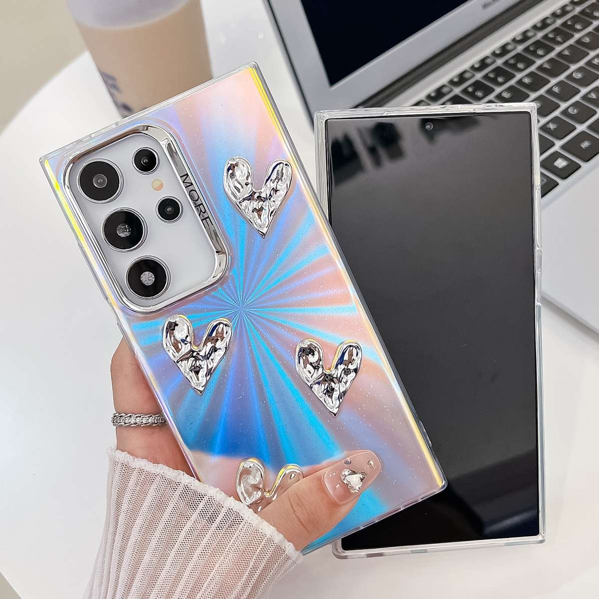 For Samsung Galaxy A55 5G Electroplating 4-Heart Laser Texture TPU Phone Case(Feather Yarn)