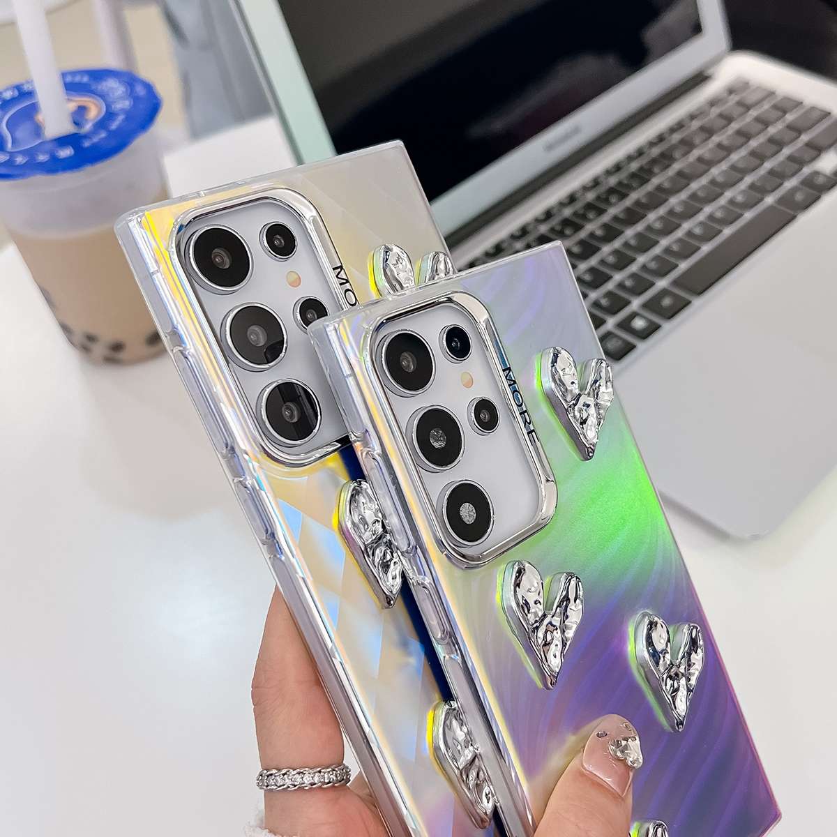 For Samsung Galaxy A55 5G Electroplating 4-Heart Laser Texture TPU Phone Case(Feather Yarn)