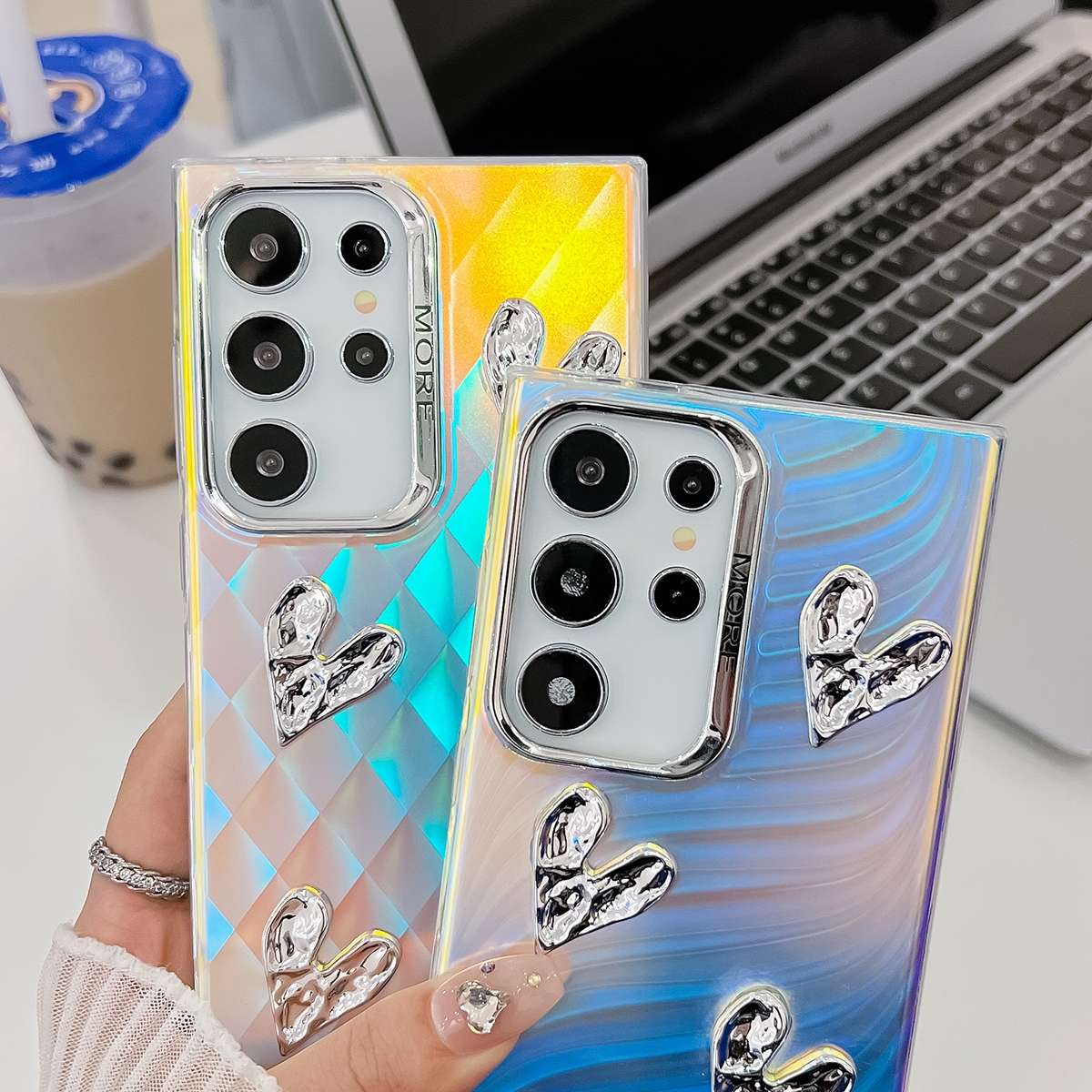 For Samsung Galaxy A55 5G Electroplating 4-Heart Laser Texture TPU Phone Case(Feather Yarn)