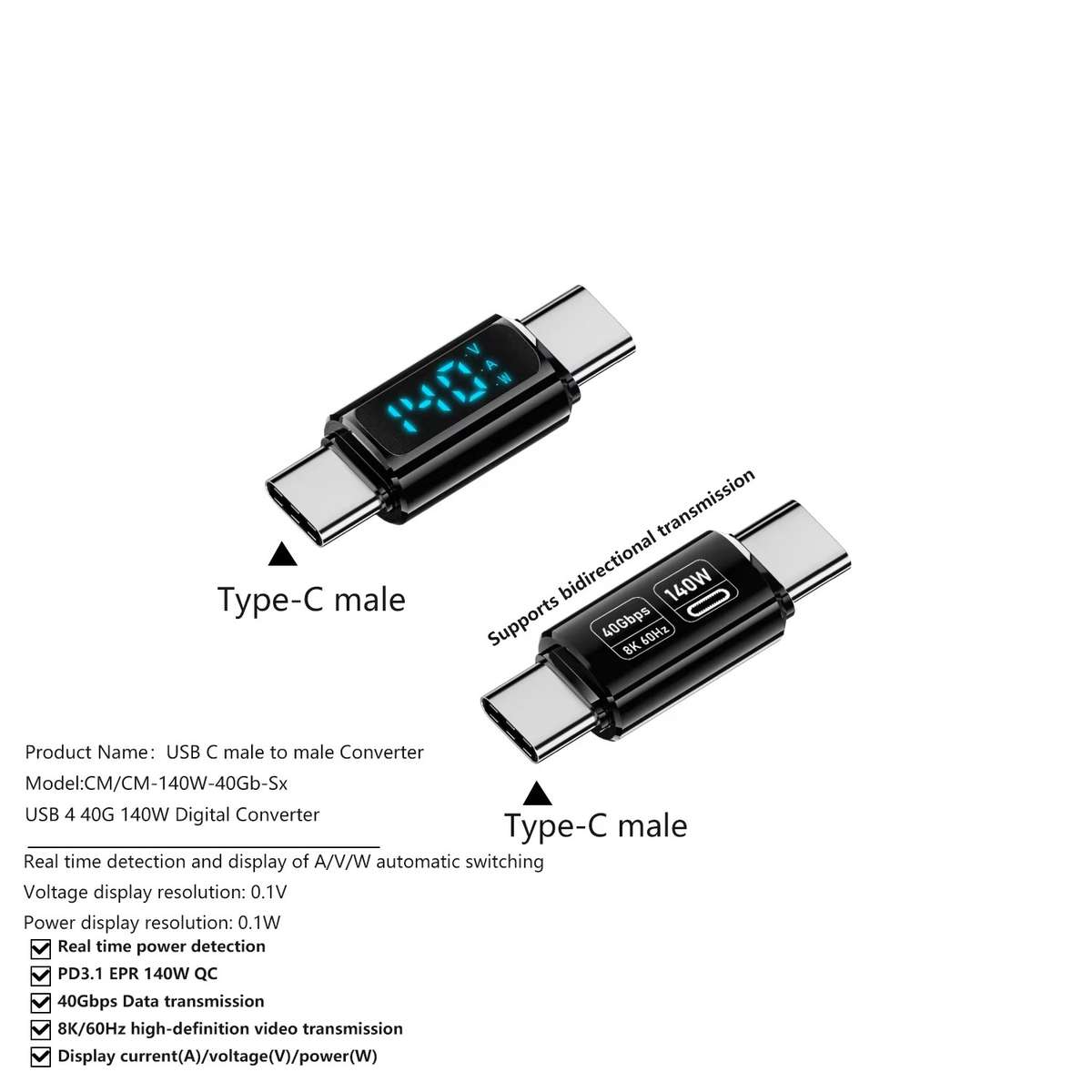 Type-C Male to Type-C Male 40Gbps Data Transmission PD140W Digital Display Adapter(Black)