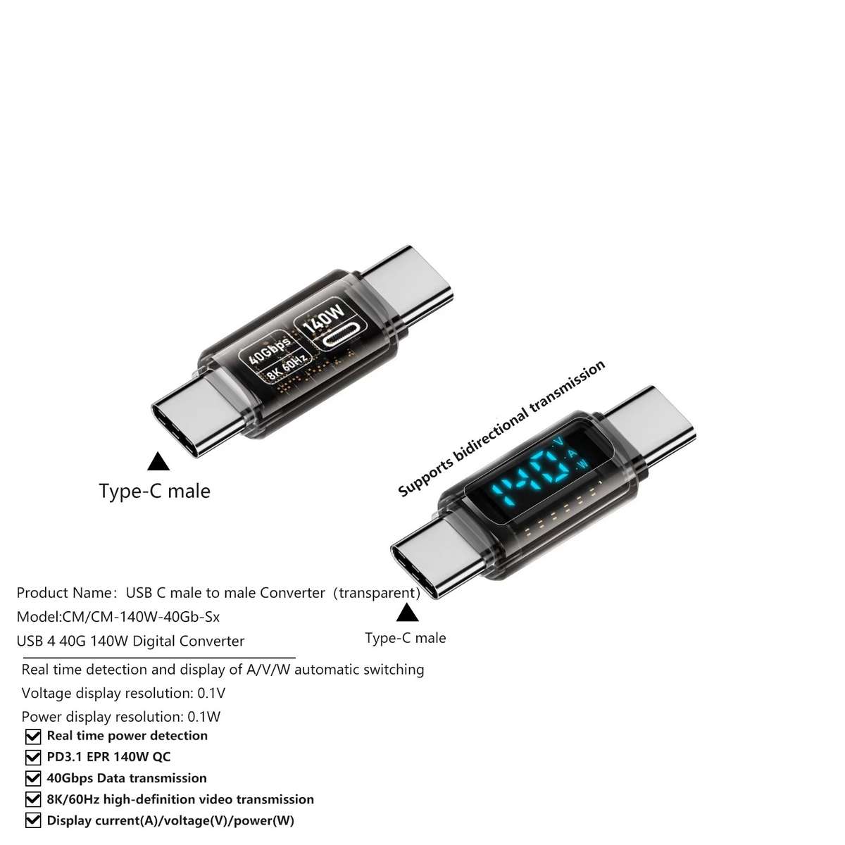 Type-C Male to Type-C Male 40Gbps Data Transmission PD140W Digital Display ... (Transparent Black)