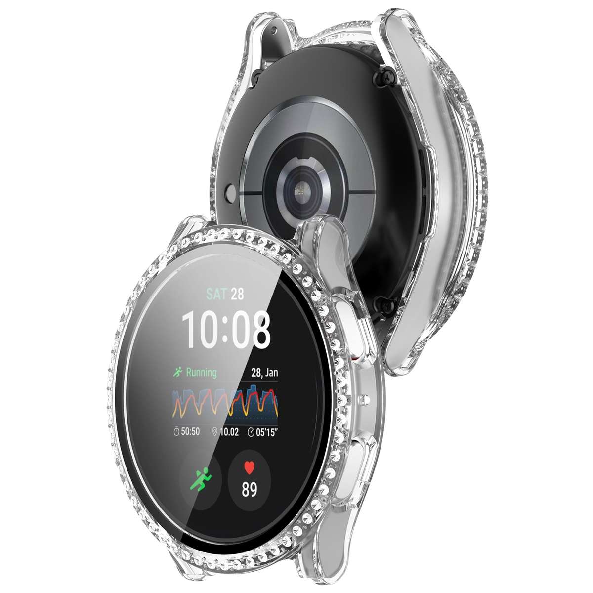 For Samsung Galaxy Watch 7 44mm Single Row Diamond PC + Tempered Film Inte ... (Transparent White)