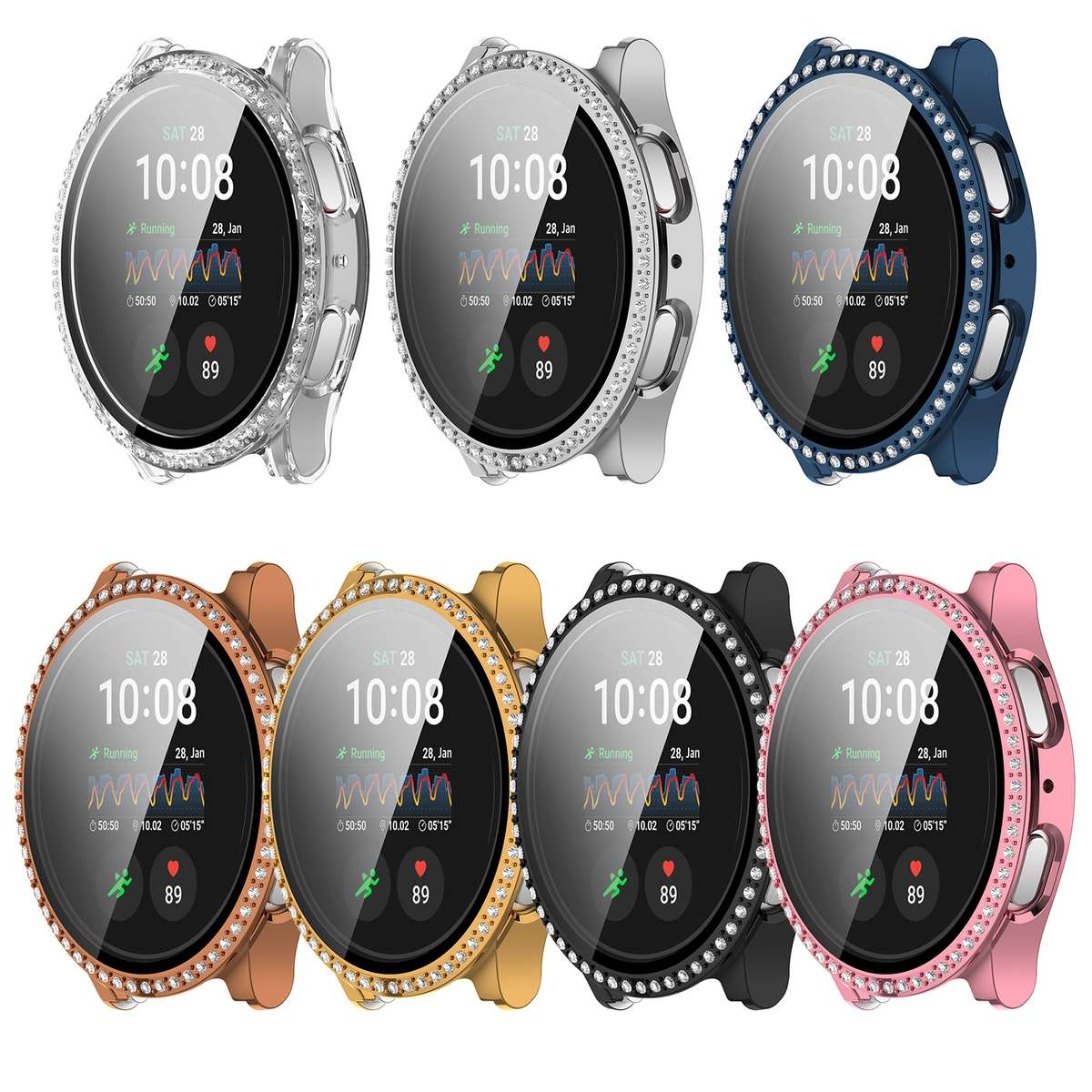 For Samsung Galaxy Watch 7 44mm Single Row Diamond PC + Tempered Film Inte ... (Transparent White)