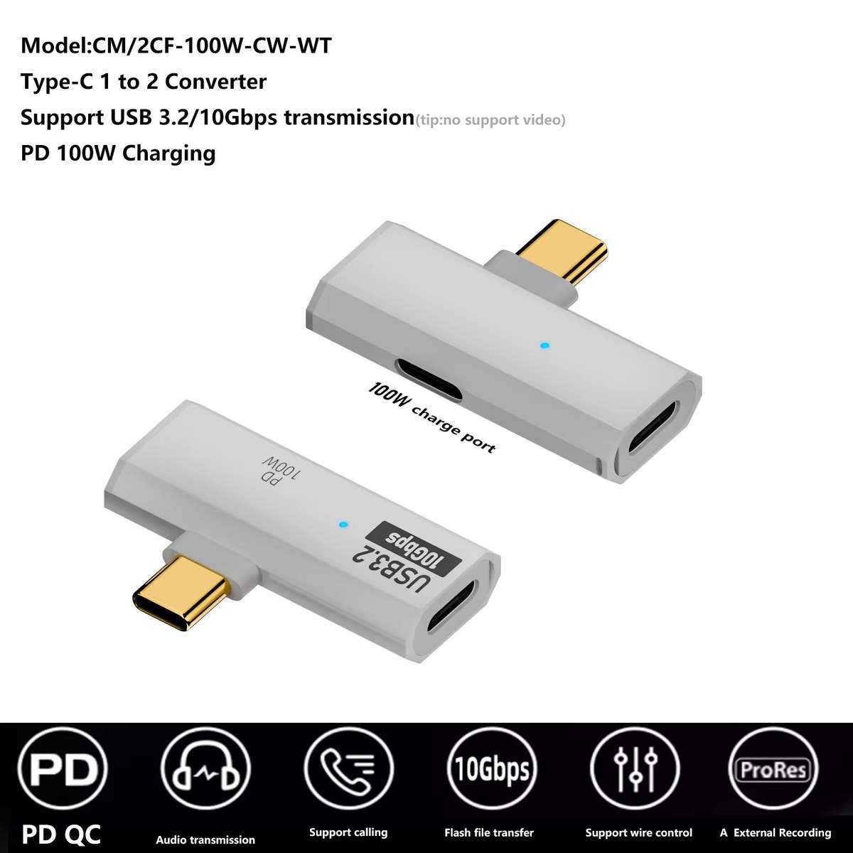 USB-C / Type-C Male to Dual Type-C Female USB3.2/10Gbps OTG Converter PD100W Charging ... (White)