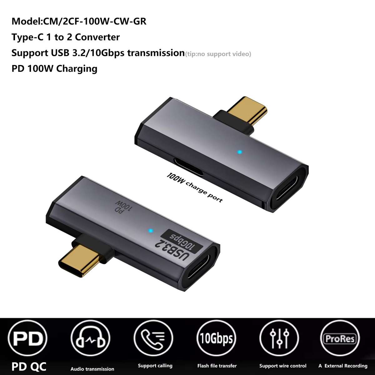 USB-C / Type-C Male to Dual Type-C Female USB3.2/10Gbps OTG Converter PD100W Charging A ... (Gray)
