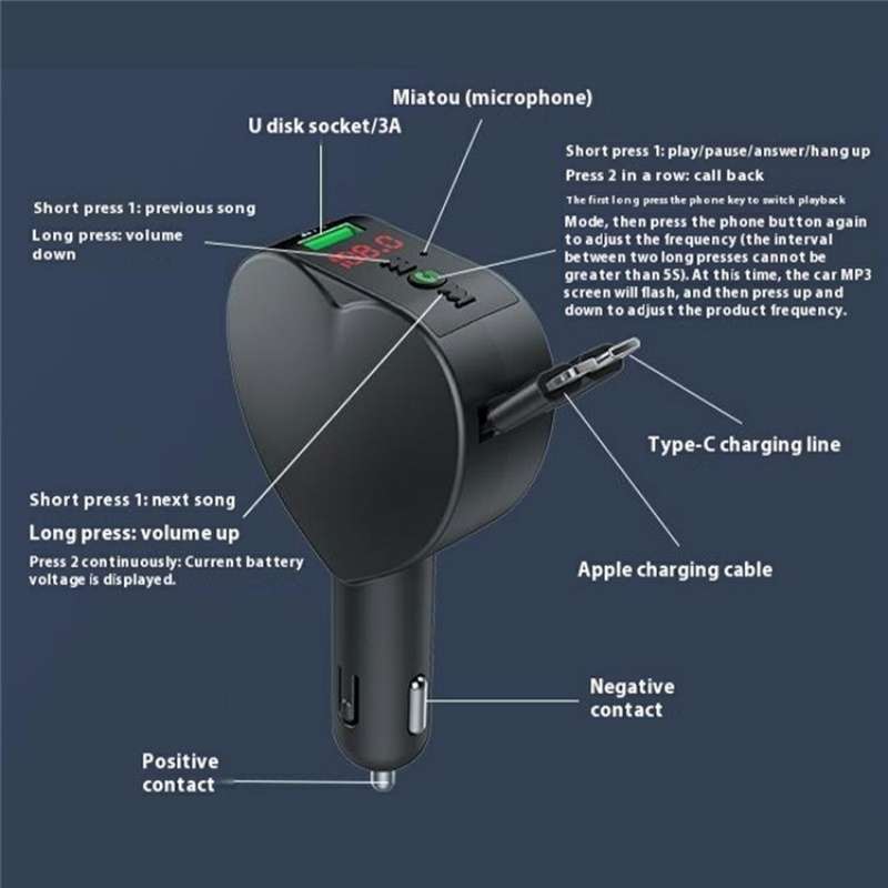 Y2 With Type-C Retractable Cables Car Bluetooth MP3 Player Hands-Free Call Adapter