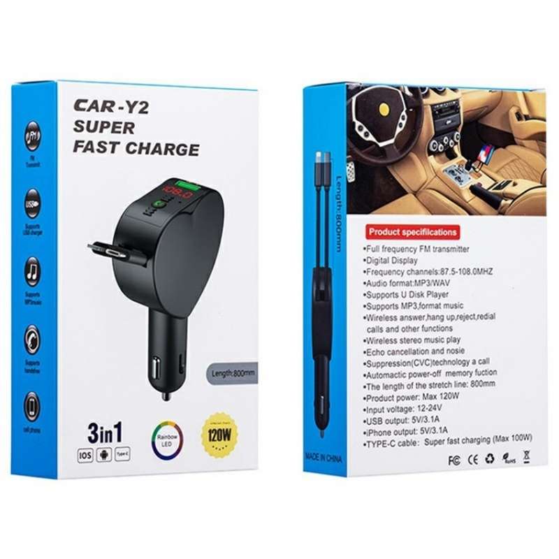 Y2 With Type-C Retractable Cables Car Bluetooth MP3 Player Hands-Free Call Adapter