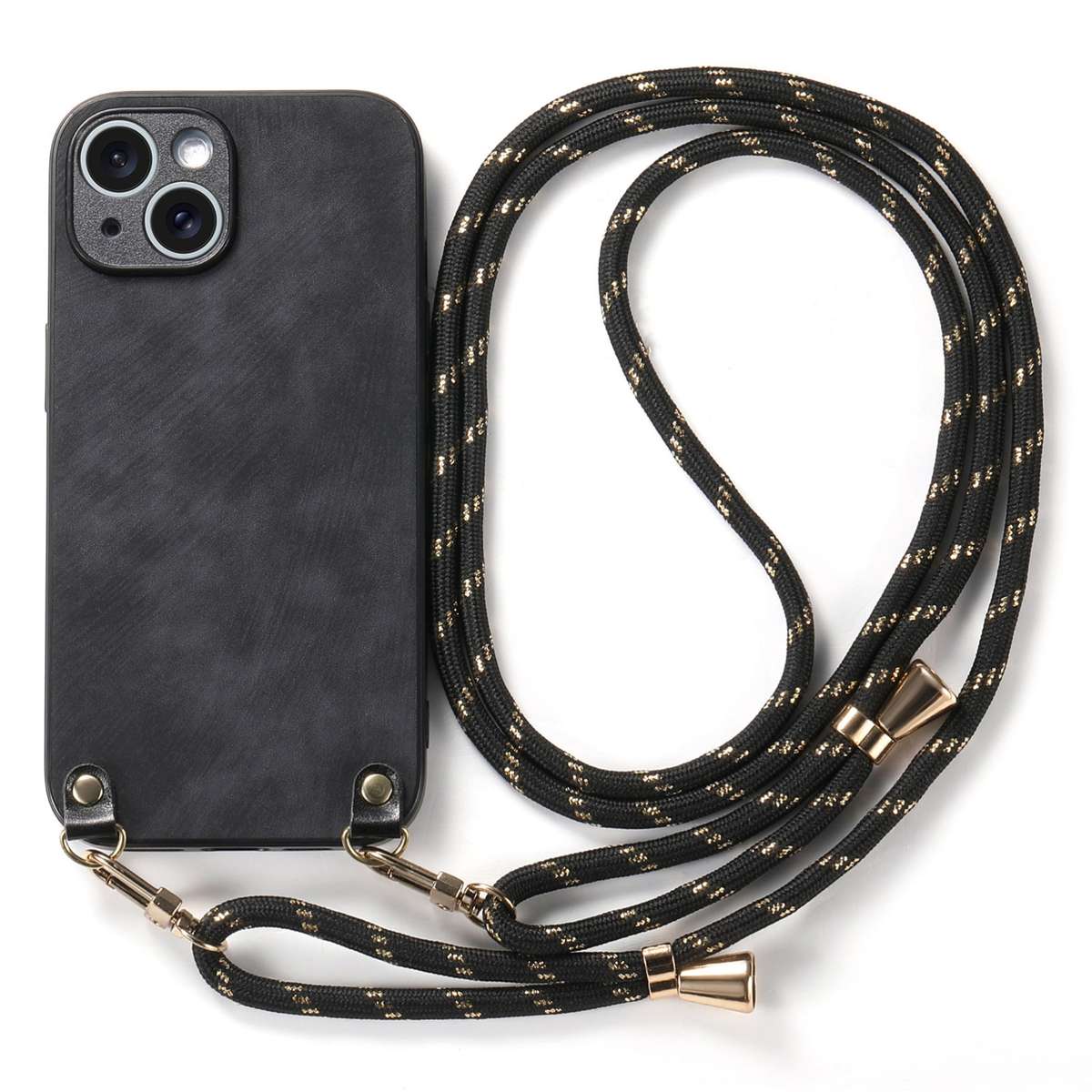 For iPhone 12 mini Vintage Leather PC Back Cover Phone Case with Crossbody Strap(Black)