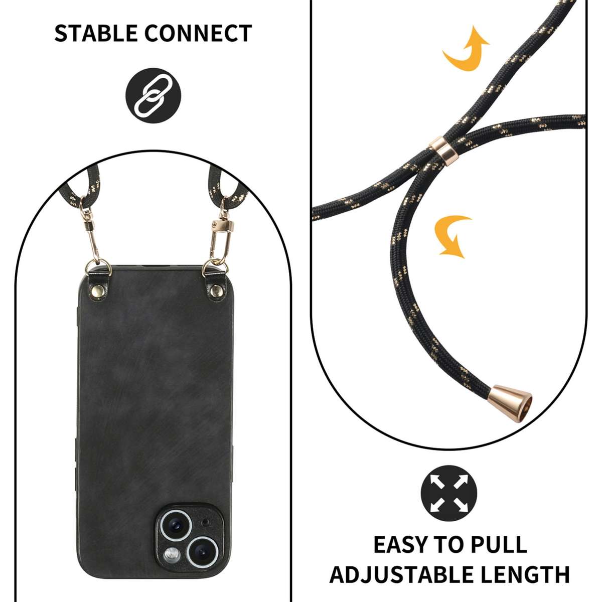 For iPhone 12 mini Vintage Leather PC Back Cover Phone Case with Crossbody Strap(Black)