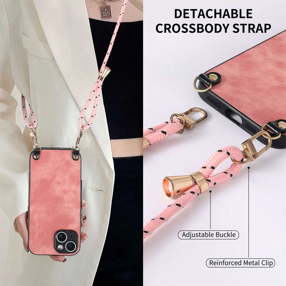 For iPhone 12 mini Vintage Leather PC Back Cover Phone Case with Crossbody Strap(Pink)