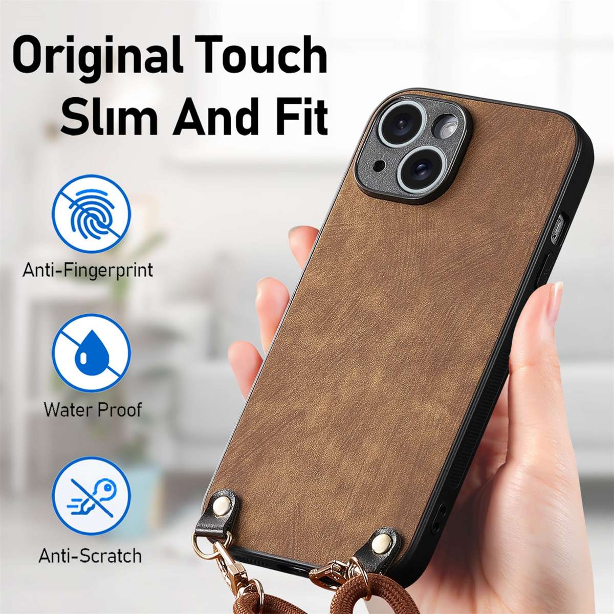 For iPhone 12 mini Vintage Leather PC Back Cover Phone Case with Crossbody Strap(Brown)