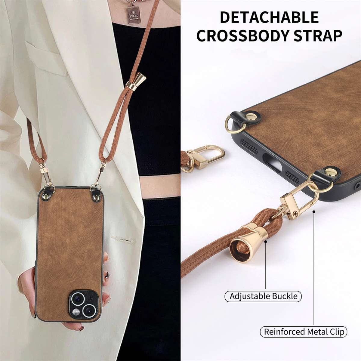For iPhone 12 mini Vintage Leather PC Back Cover Phone Case with Crossbody Strap(Brown)