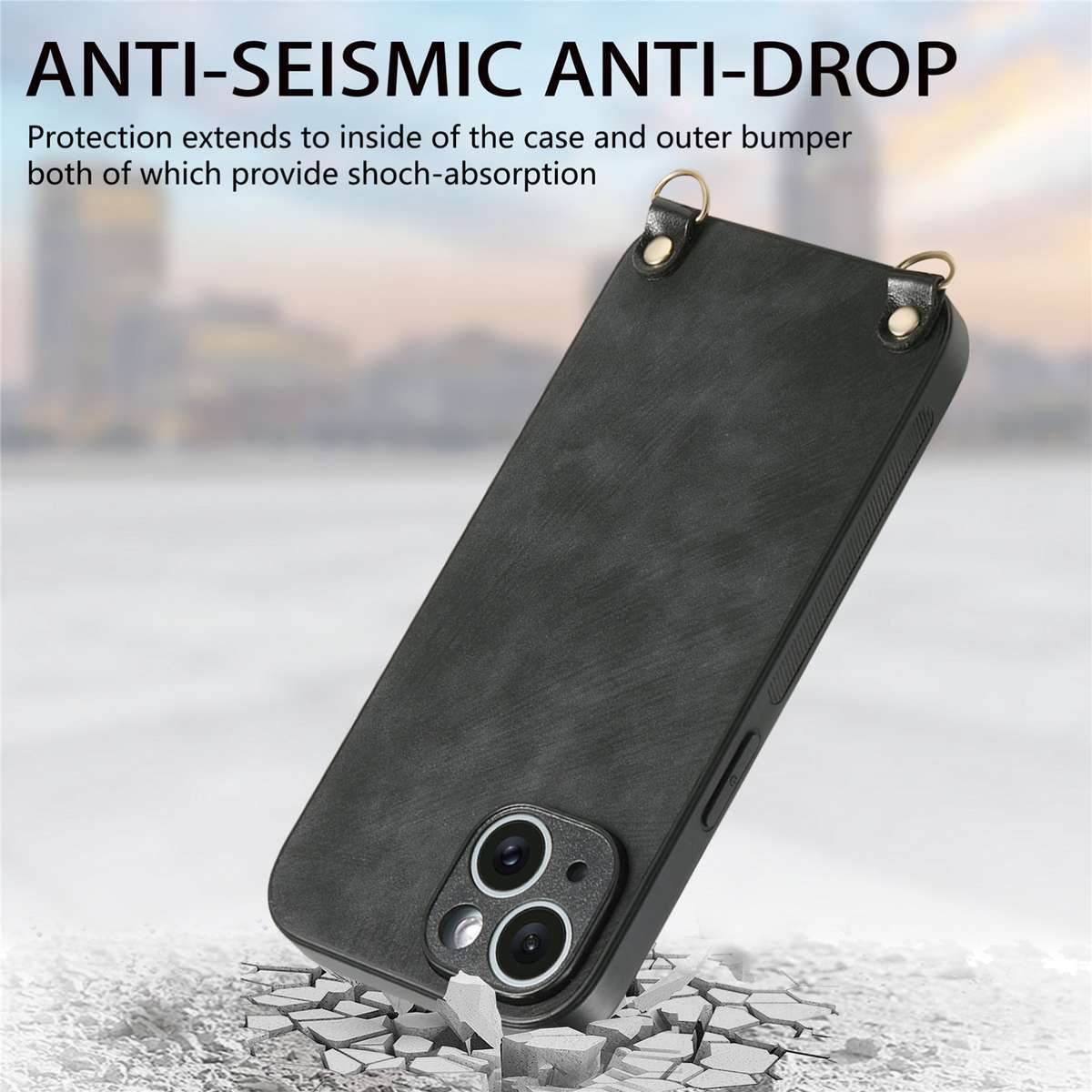 For iPhone 11 Pro Vintage Leather PC Back Cover Phone Case with Crossbody Strap(Black)