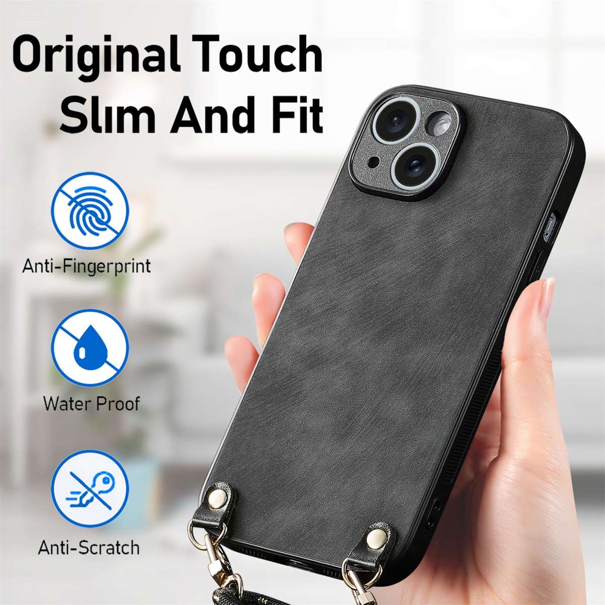 For iPhone 11 Pro Vintage Leather PC Back Cover Phone Case with Crossbody Strap(Black)