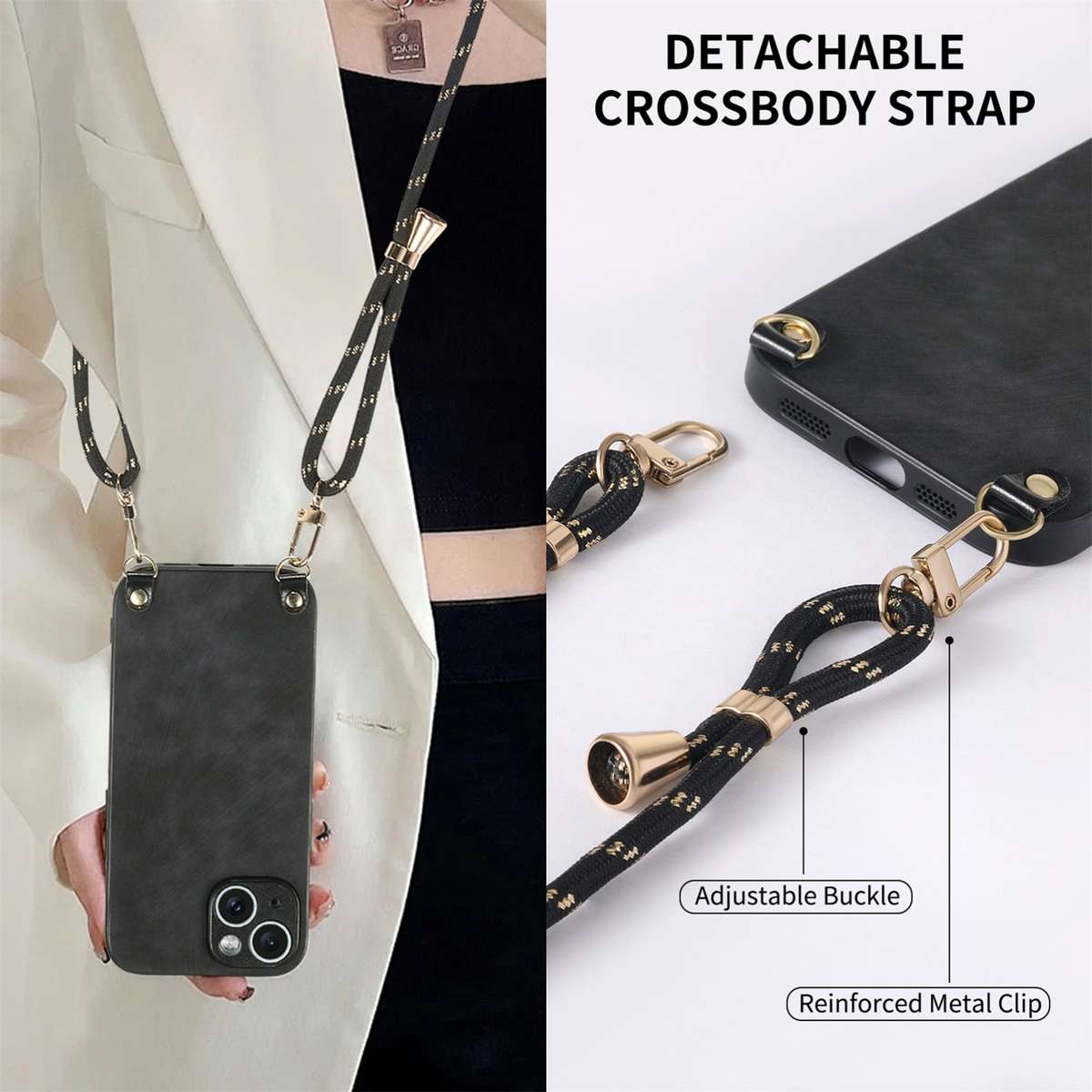 For iPhone 11 Pro Vintage Leather PC Back Cover Phone Case with Crossbody Strap(Black)