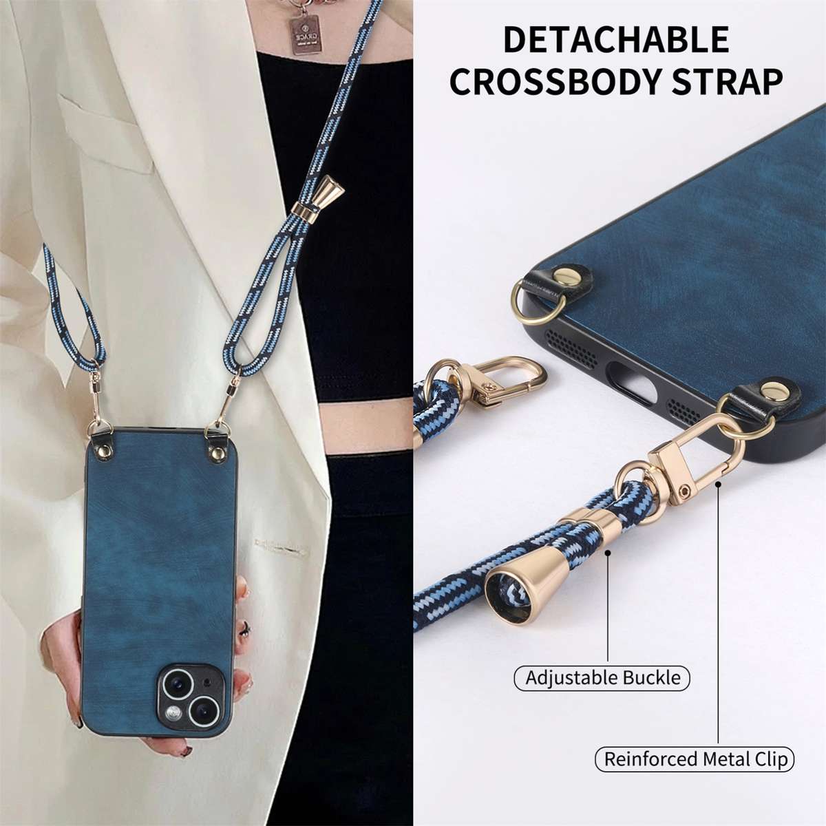 For iPhone 11 Pro Vintage Leather PC Back Cover Phone Case with Crossbody Strap(Blue)