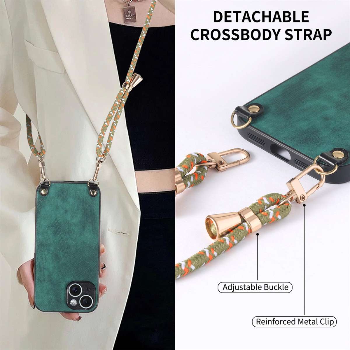 For iPhone 11 Pro Vintage Leather PC Back Cover Phone Case with Crossbody Strap(Green)