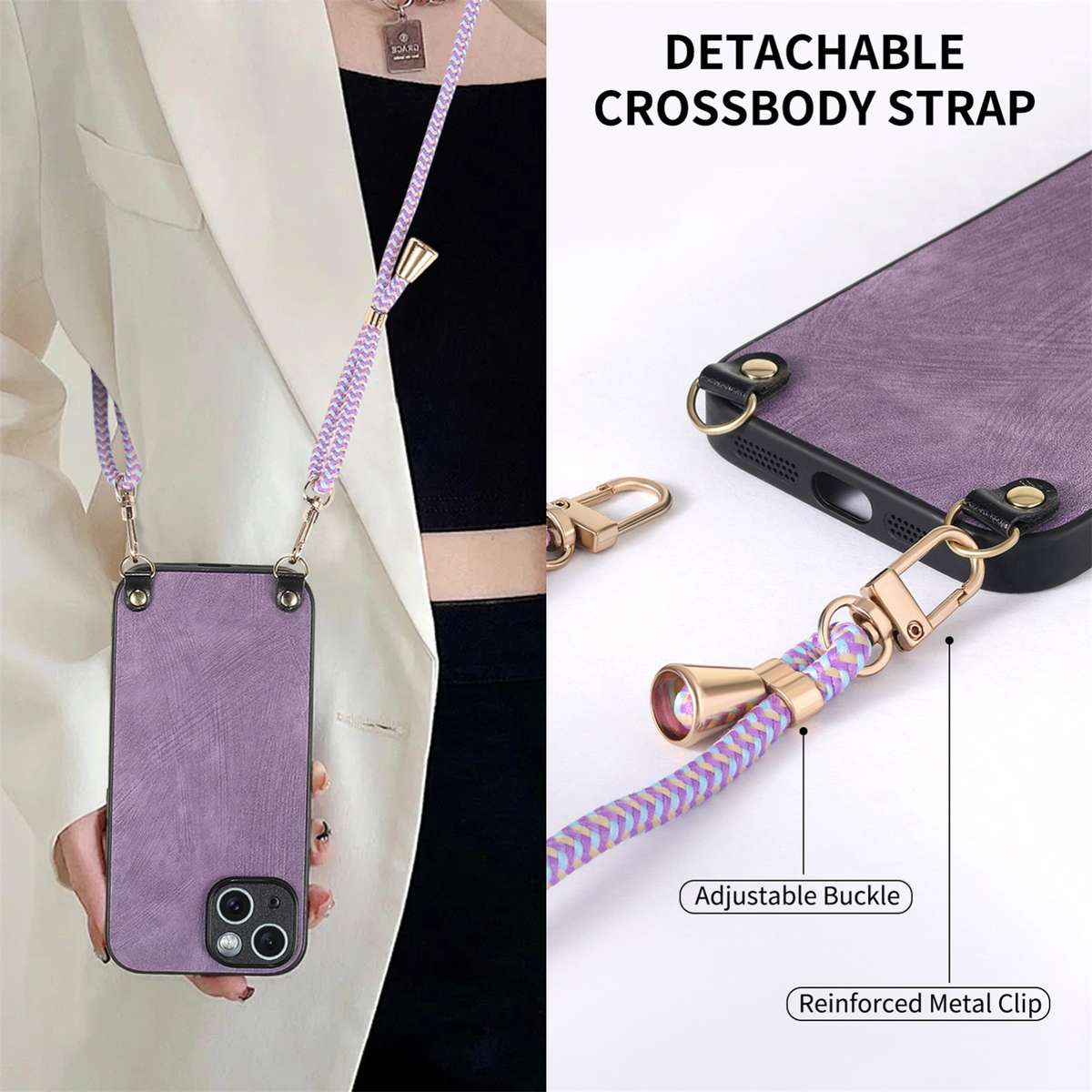 For iPhone 11 Pro Vintage Leather PC Back Cover Phone Case with Crossbody Strap(Purple)