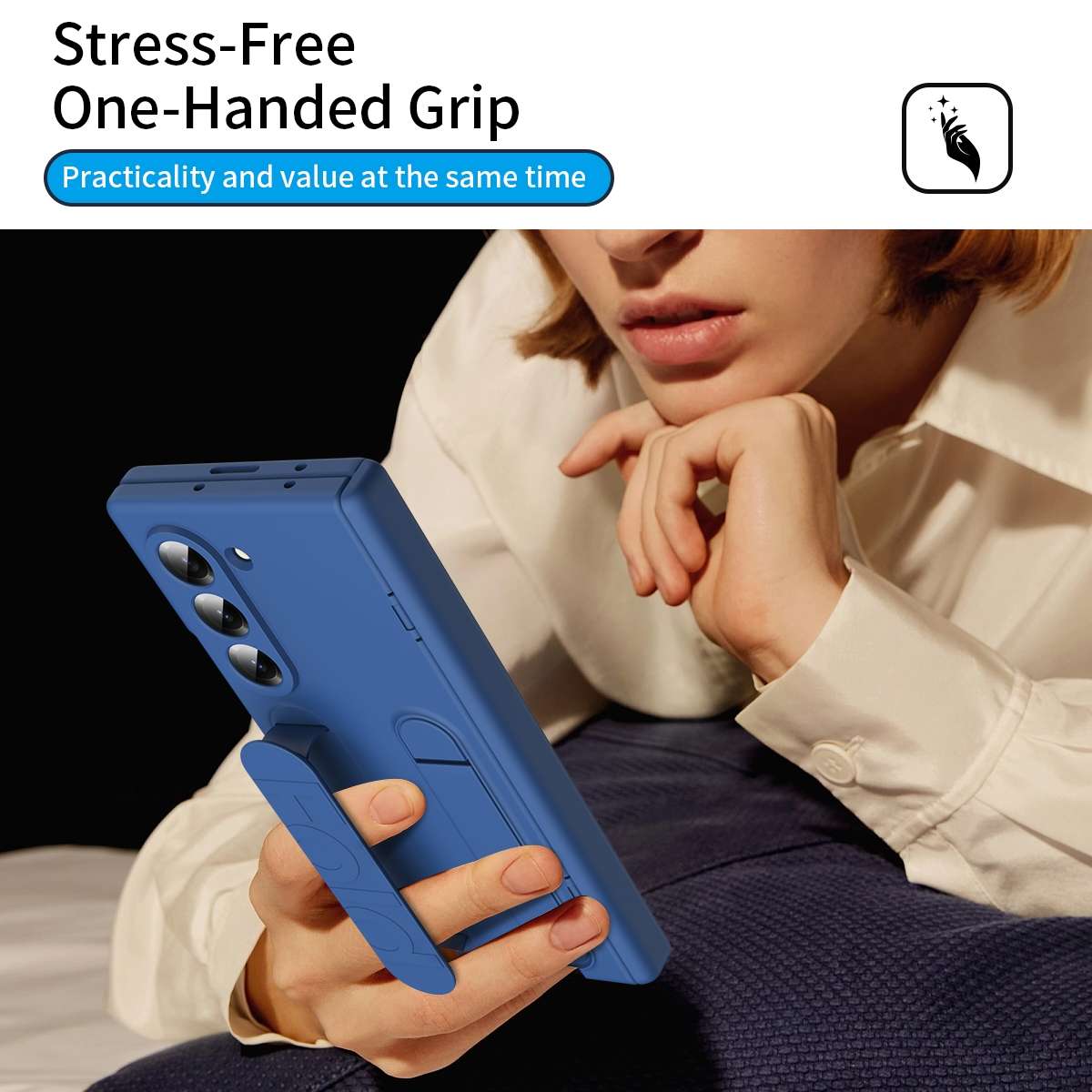 For Samsung Galaxy Z Fold5 5G Bazher Shell Film Integrated Holder Shockproof Phone Case(Blue)