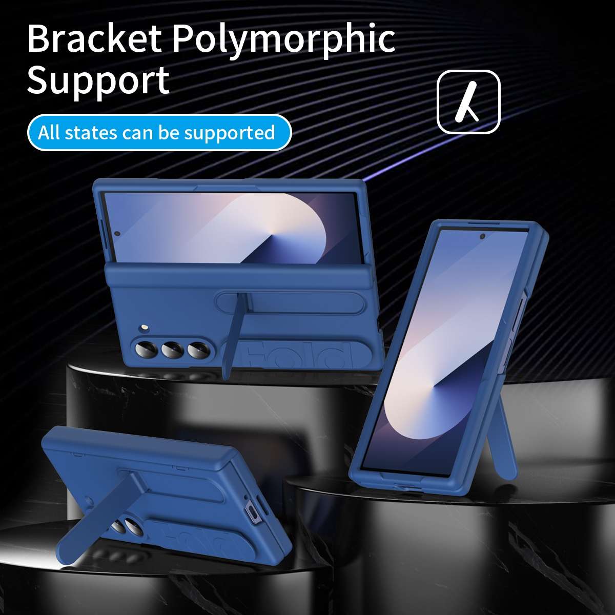 For Samsung Galaxy Z Fold5 5G Bazher Shell Film Integrated Holder Shockproof Phone Case(Blue)