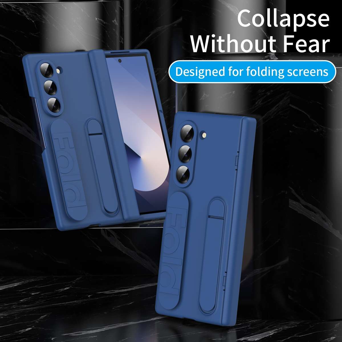 For Samsung Galaxy Z Fold5 5G Bazher Shell Film Integrated Holder Shockproof Phone Case(Blue)