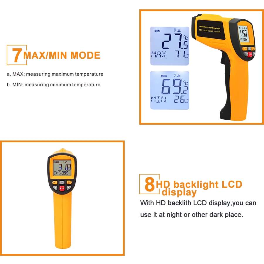 GM1150A 50:1 Infrared Thermometer -18~1150 Degrees Celsius LCD Digital Temperature Meter Industrial