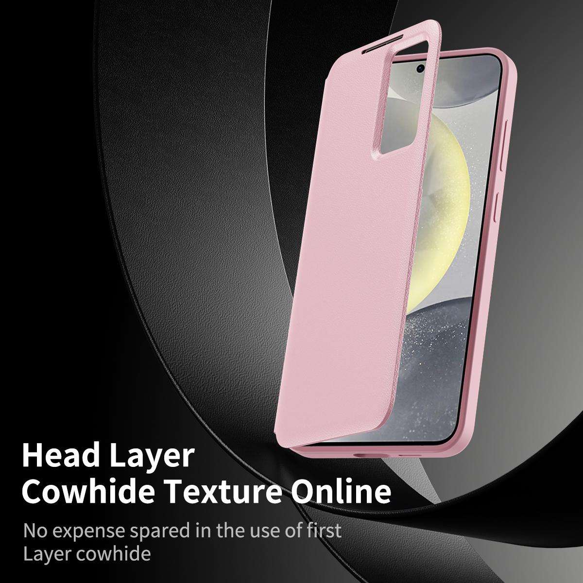 For Samsung Galaxy S25 5G Smart View Window Leather Phone Case with Card Slot(Pink)