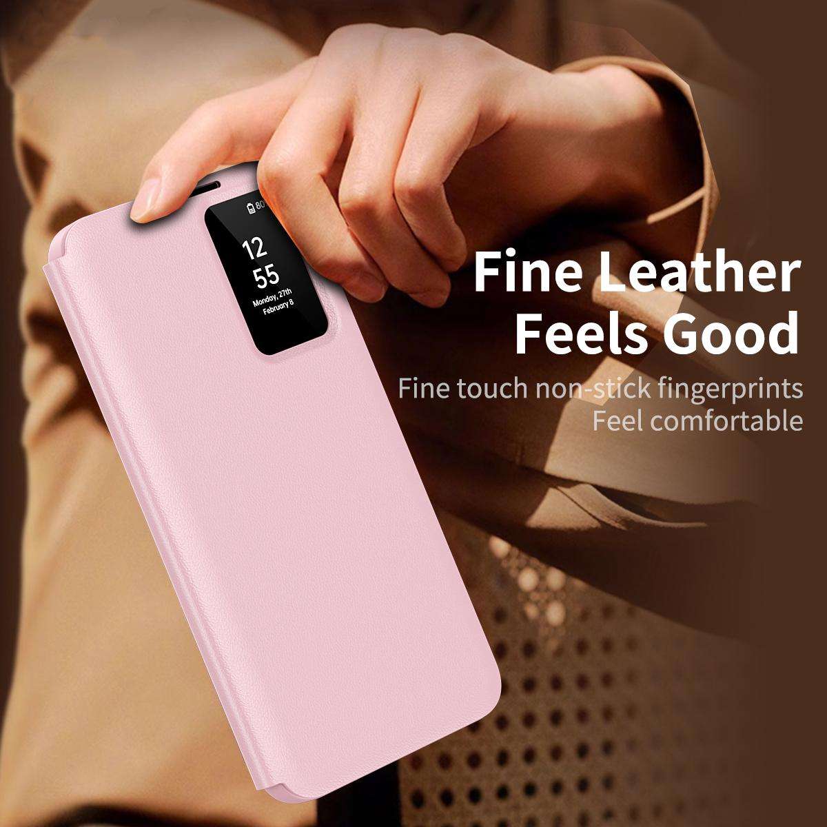 For Samsung Galaxy S25 5G Smart View Window Leather Phone Case with Card Slot(Pink)