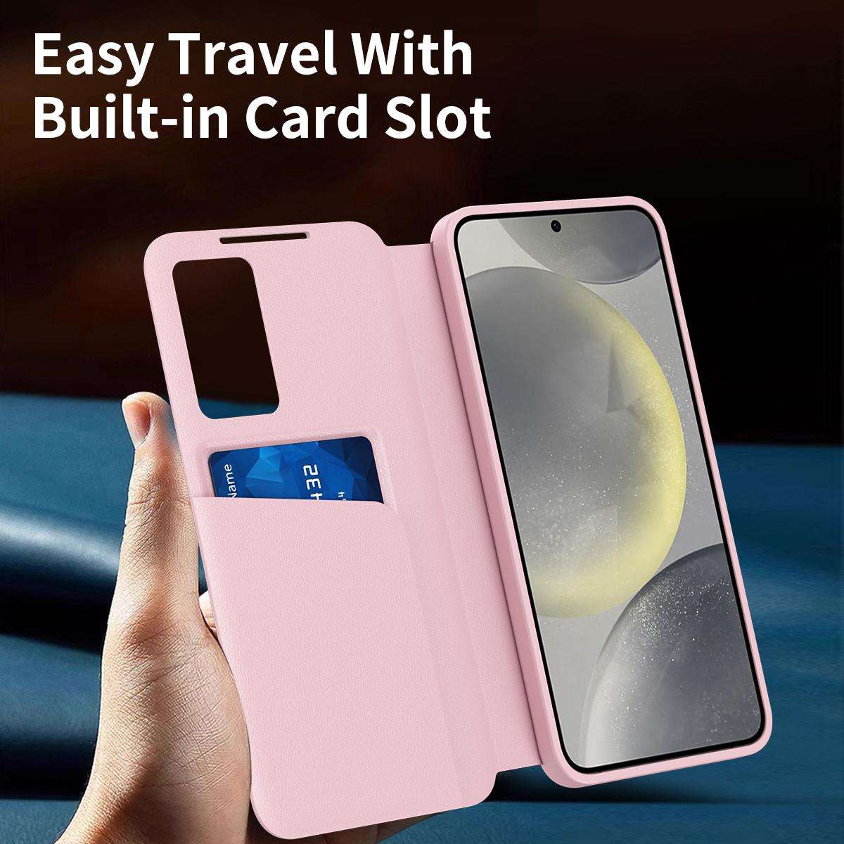 For Samsung Galaxy S25 5G Smart View Window Leather Phone Case with Card Slot(Pink)